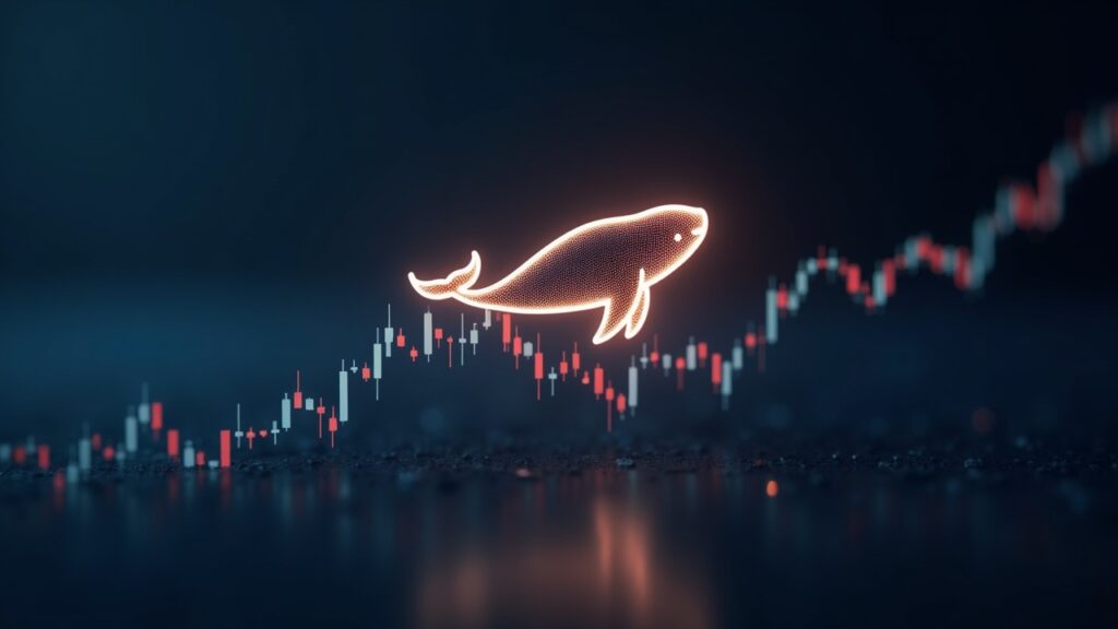Encabezado fotorrealista de Litecoin con un icono de ballena brillante sobre un gráfico de precios que muestra una caída del 46% y un aumento del interés abierto.