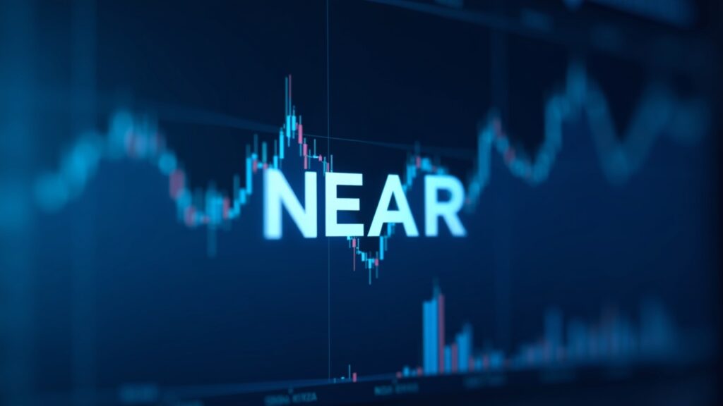 Logotipo fotorealista de NEAR en una pantalla de vidrio con gráficos cripto dinámicos y un marcado pico intradía en una escena de sala de redacción azul