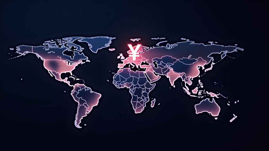 Mapa mundial fotorrealista que destaca el digital yuan con conexiones de nodos brillantes para los asentamientos de CBDC de mBridge.