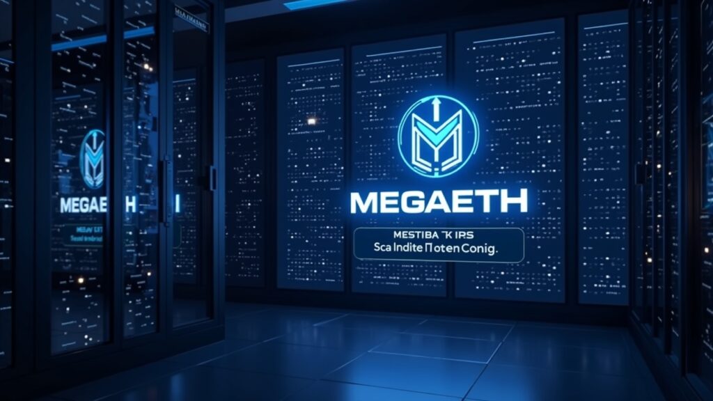 Centro de datos futurista con el logotipo de MegaETH y pantallas que muestran 47,000 TPS y latencia de menos de un milisegundo.