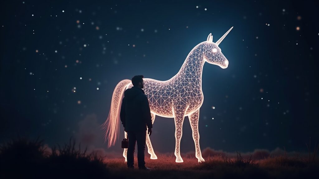 Escena fintech fotorrealista con una malla luminosa entre cadenas que forma un unicornio detrás de un comerciante y billeteras digitales.