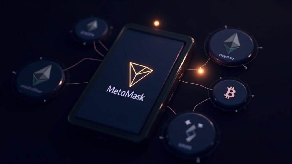 Interfaz de billetera MetaMask fotorrealista que muestra iconos de TRON/TRX y tokens TRC-20, con enlaces a Ethereum, Solana y Bitcoin.