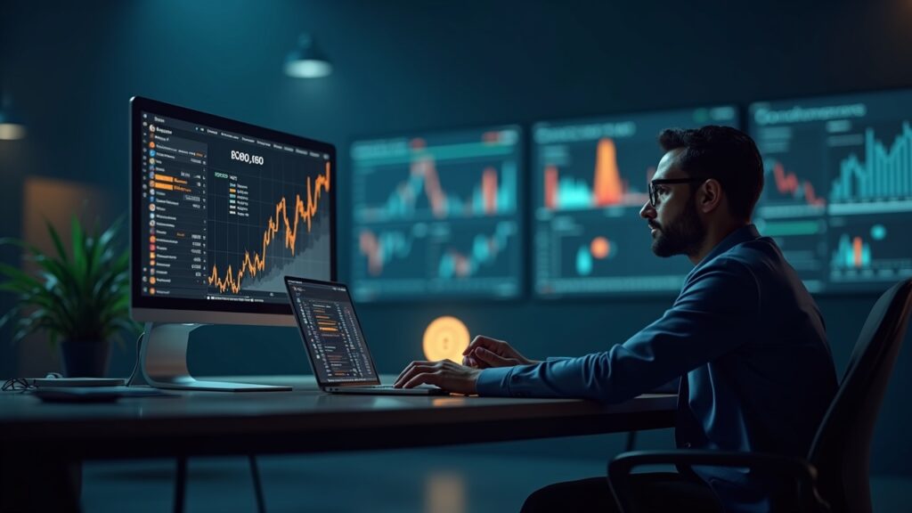 Metaplanet eleva ingresos para 2026 pese a registrar pérdidas contables de 680 millones Encabezado fotorrealista que muestra a un profesional de negocios en un escritorio, pantallas de Bitcoin, un gráfico ascendente de flujo de efectivo y señales del yen.