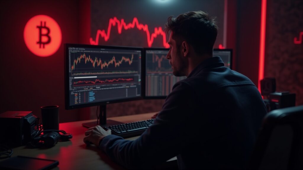 Mesa de trading cripto fotorrealista con gráficos rojos, luces tenues, trader concentrado, logo de BTC desvaneciéndose, señalando una caída de $120B.