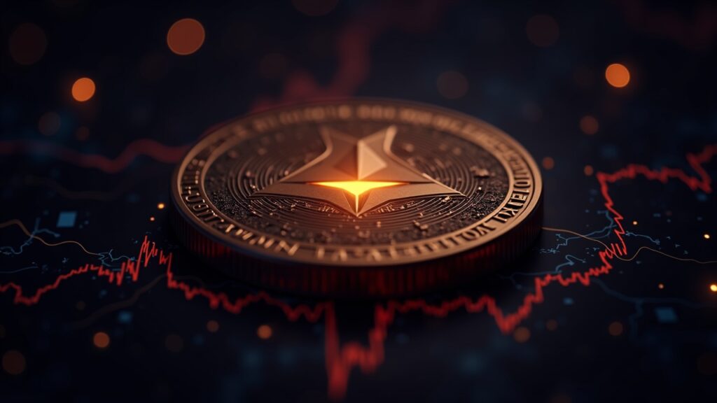 Primer plano de una moneda Monero (XMR) con un fondo de gráfico de precios y destellos de brillo en el circuito.