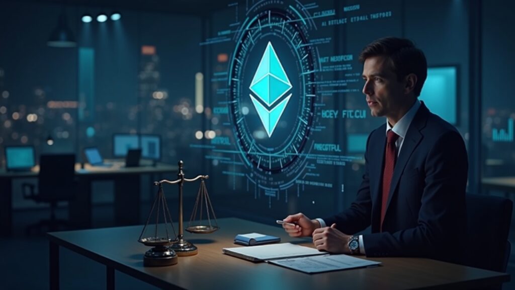 Ejecutivo junto a un logotipo de Ethereum brillante, con BTC y SOL en el fondo, una balanza regulatoria y una superposición de un registro digital.