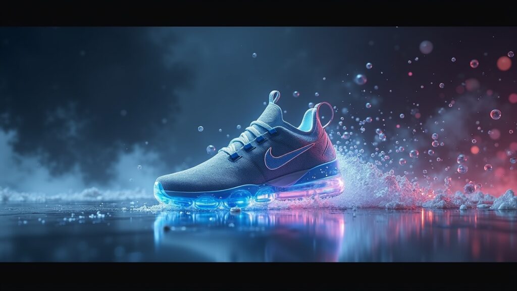 Encabezado fotorrealista: Nike sneaker fades into a collapsing holographic NFT landscape, signaling Nike's exit from RTFKT.