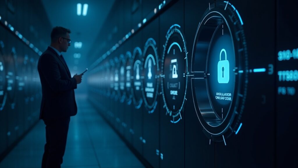 OKX reduce personal institucional como parte de su reestructuración global Encabezado fotorrealista que muestra un ejecutivo cerca de una bóveda de custodia con enlaces blockchain a iconos regulatorios.