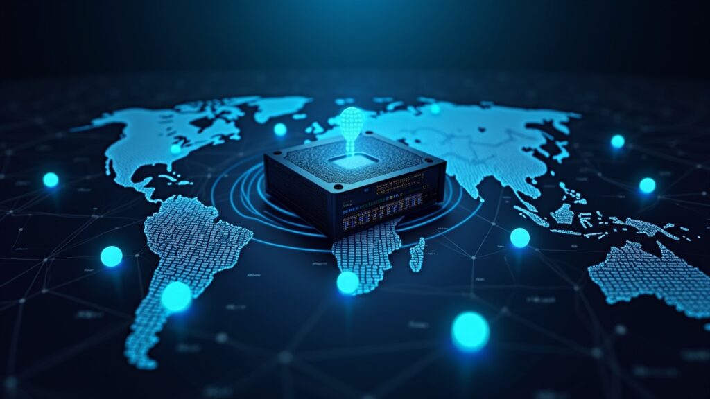 El rol clave de las redes GPU descentralizadas y lo que viene en IA Servidor GPU fotorrealista con tokens de blockchain brillantes orbitando un libro mayor holográfico sobre un mapa de APAC, simbolizando el financiamiento on‑chain de cómputo de IA.