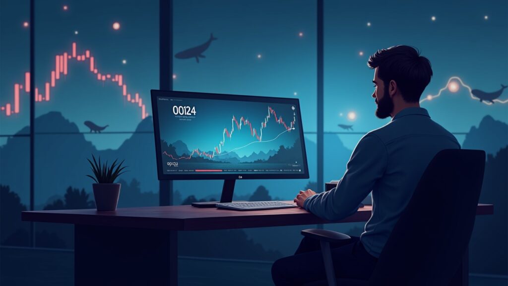 Sala de noticias fotorrealista con analista en escritorio, cuña ascendente de XCN y ruptura hacia 0.0124, siluetas de ballenas en segundo plano.