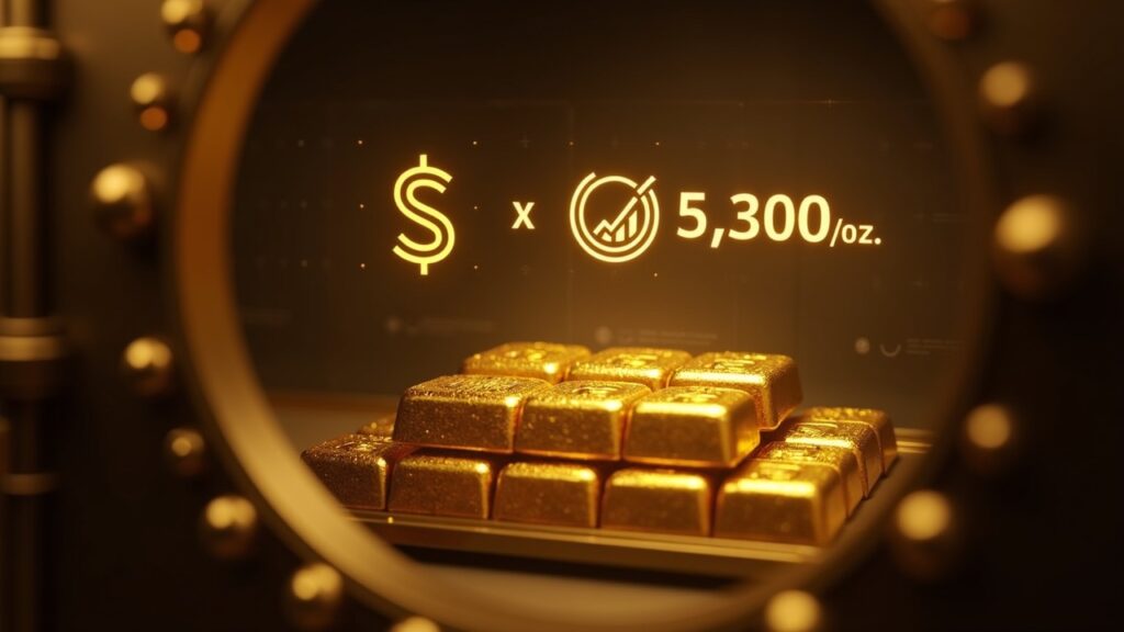 Bóveda fotorrealista con lingotes de oro, superposición holográfica de cadena de bloques, logotipos de Tether y Coinbase, y un marcador ascendente de $5,300/oz.