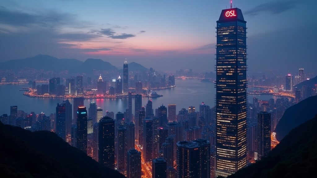 Horizonte hiperreal de Hong Kong al anochecer, torre de cristal de OSL, stablecoins resplandecientes fluyendo hacia ella.