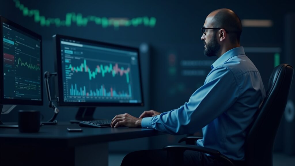 Antiguos traders de FTX EU lanzan Perpetuals.com, una plataforma de derivados impulsada por IA Trader fotorrealista en un escritorio de alta tecnología con paneles de IA para los contratos perpetuos de Perpetuals.com y visuales de Kronos X.