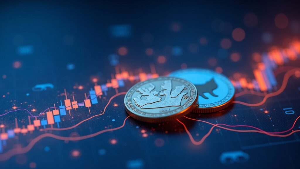 Encabezado fotorrealista que muestra monedas de Dogecoin y Shiba Inu sobre un gráfico de mercado dinámico, siluetas de ballenas y flechas de entrada de fondos.
