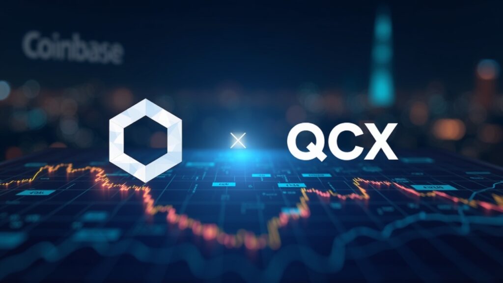 Polymarket regresa a Estados Unidos como herramienta clave de retención para el exchange Coinbase Logotipos de Polymarket y QCX se fusionan sobre una interfaz de mercado de predicciones, brillo de Coinbase y balanzas regulatorias.