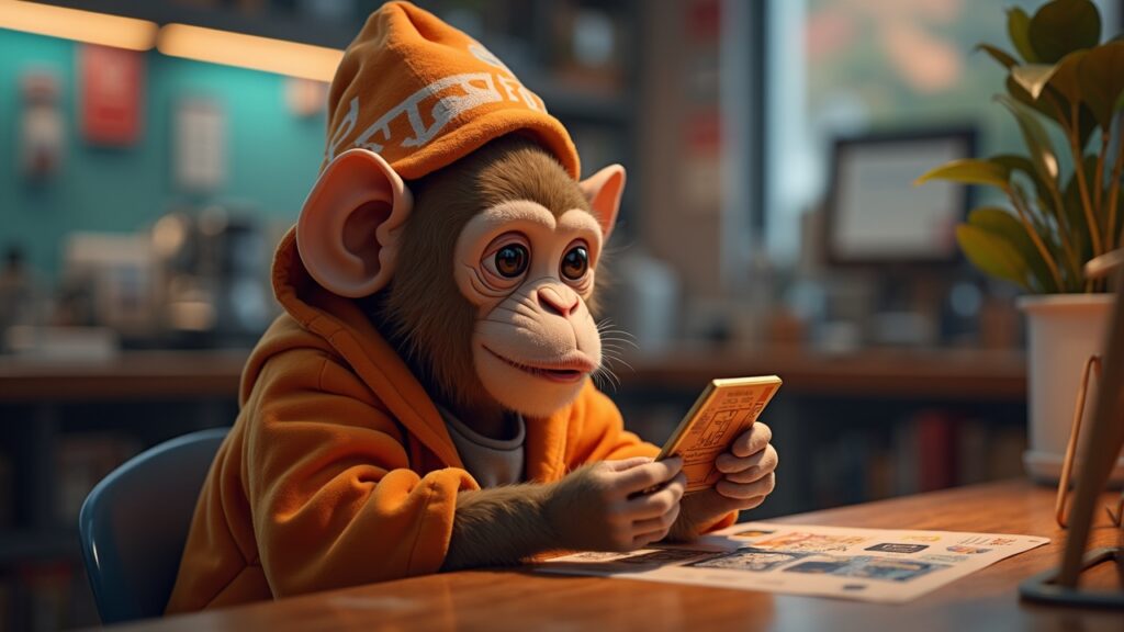 Vinilo en caja sorpresa de acabado brillante del mono Ponke encontrándose con RIPNDIP, chip NFC visible con un sutil resplandor de la capa 2 de Ethereum.