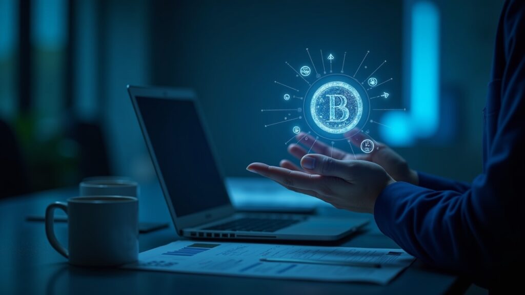 Lloyds, Archax y Canton Network completan la primera compra de bonos en Reino Unido utilizando depósitos tokenizados Banquero en un escritorio con depósitos tokenizados holográficos y un token de bono del Reino Unido en Canton Network, marcas Lloyds y Archax.