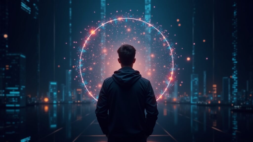 Ingeniero realista frente a una red blockchain brillante y una silueta de computadora cuántica, ilustrando la migración post-cuántica.