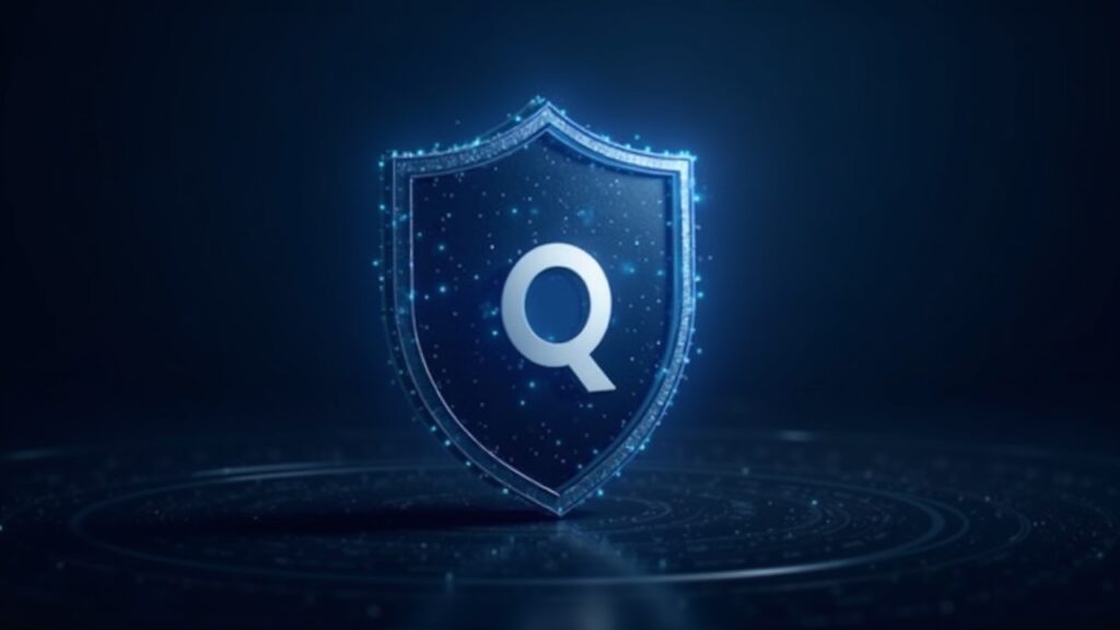 Escena fotorrealista: el escudo de la billetera cuántica de qlabs se enfrenta al consejo asesor de Coinbase junto al logotipo de Coinbase con un horizonte cripto.