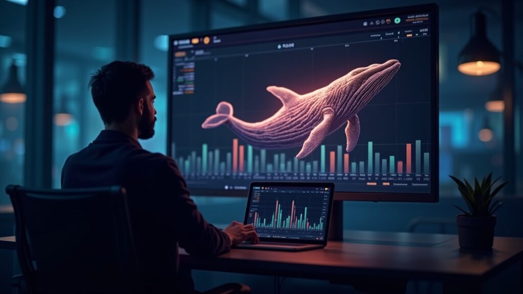 Sala de redacción cripto fotorrealista: un operador observa un gráfico brillante de RAIN con la silueta de una ballena gigante y barras de CMF