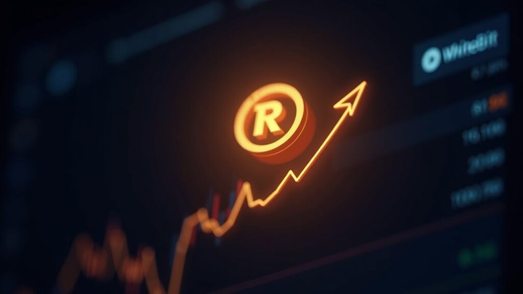 Primer plano de un token RAIN brillante elevándose sobre un panel de operaciones de criptomonedas con un logotipo de WhiteBIT