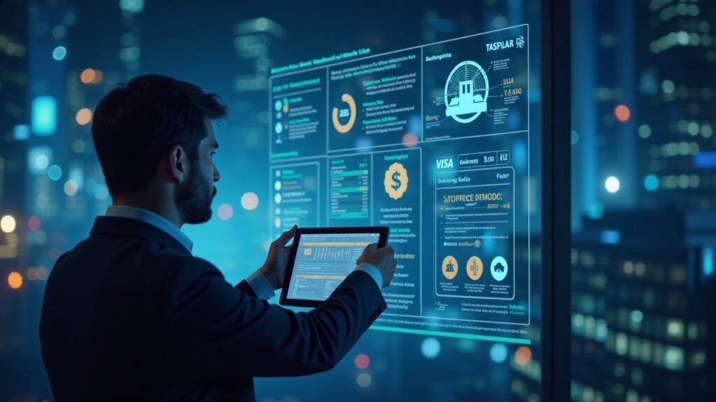 Un ejecutivo revisa un panel de stablecoins tokenizadas y canales vinculados a Visa frente a un paisaje urbano futurista.