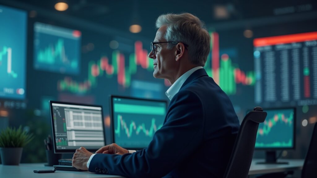 Mercados financieros y cripto suben tras pausa de Trump a los aranceles europeos Operador fotorrealista en una sala de redacción con gráficos de acciones ascendentes y símbolos de Bitcoin, señalando alivio tras la pausa de aranceles.