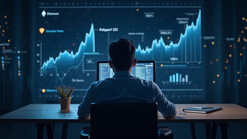Analista cripto fotorrealista en escritorio con gráficos holográficos de actividad de stablecoins e infraestructuras para Ethereum, Tron, Polygon.