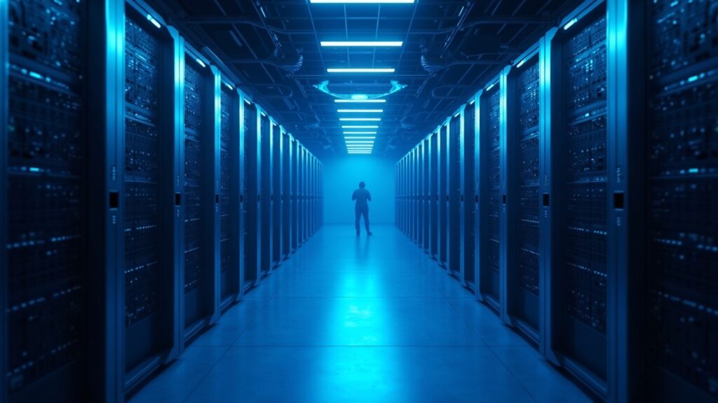 Interior fotorrealista del centro de datos Riot Rockdale con bastidores de IA y transición de minería a IA, señal de asociación con AMD.