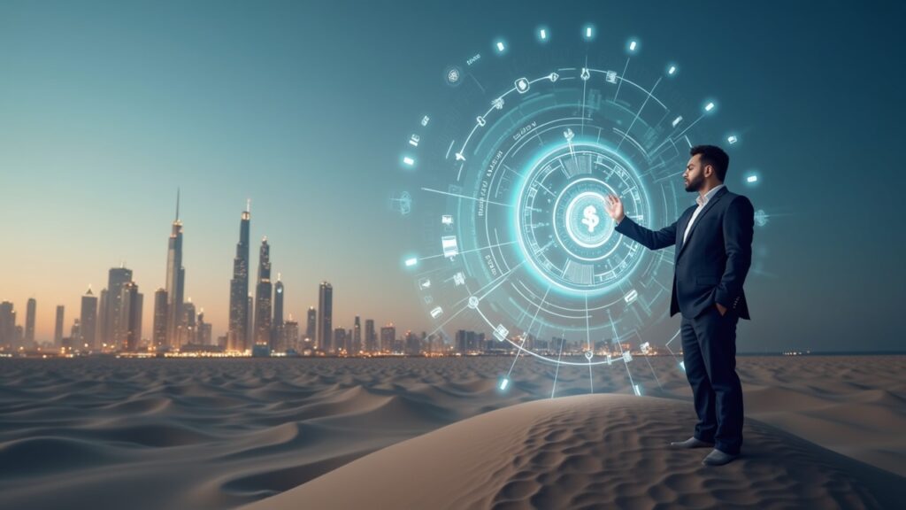 Ejecutivo fotorrealista con un libro mayor de pagos holográfico y una bóveda de custodia digital frente al horizonte de Riyadh.