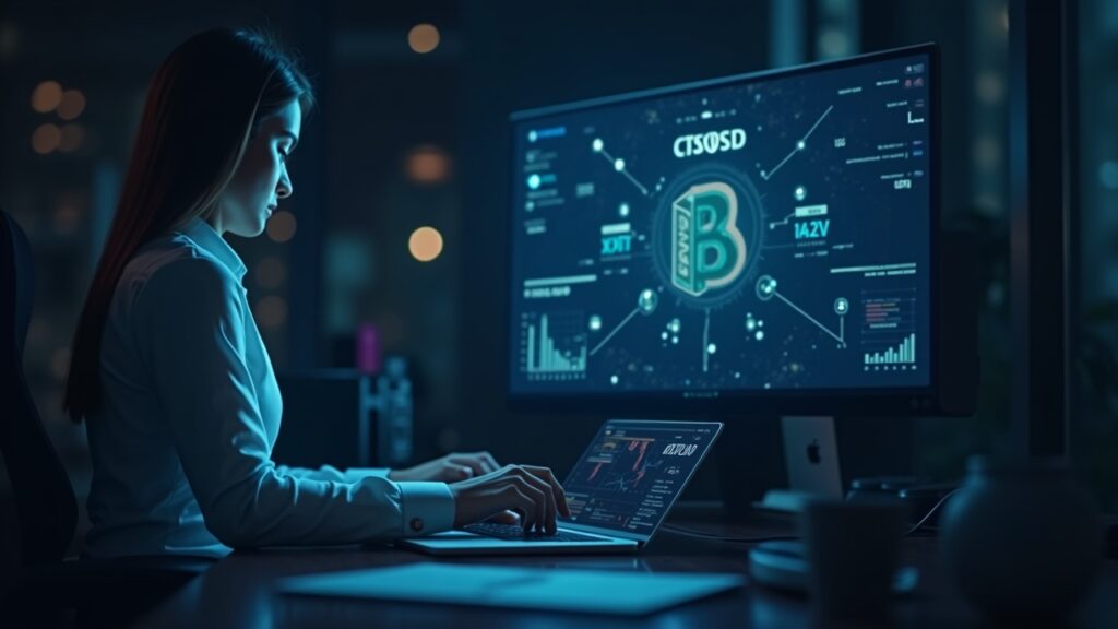 Tesorero corporativo fotorrealista en un escritorio elegante, tablero de control de fiat y RLUSD/XRP conectados por una cadena de bloques luminosa.