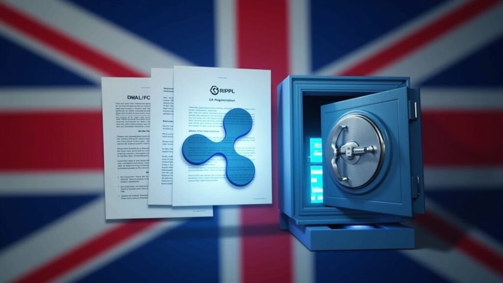 Encabezado fotorrealista con el logotipo de Ripple, la bandera del Reino Unido, documentos de AML y una bóveda que señala el registro VASP de la ACA y el token de utilidad XRP