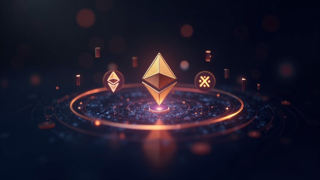 Holograma fotorrealista de RLUSD orbitando los logotipos de Ethereum y XRPL con un resplandor de Binance en el fondo.