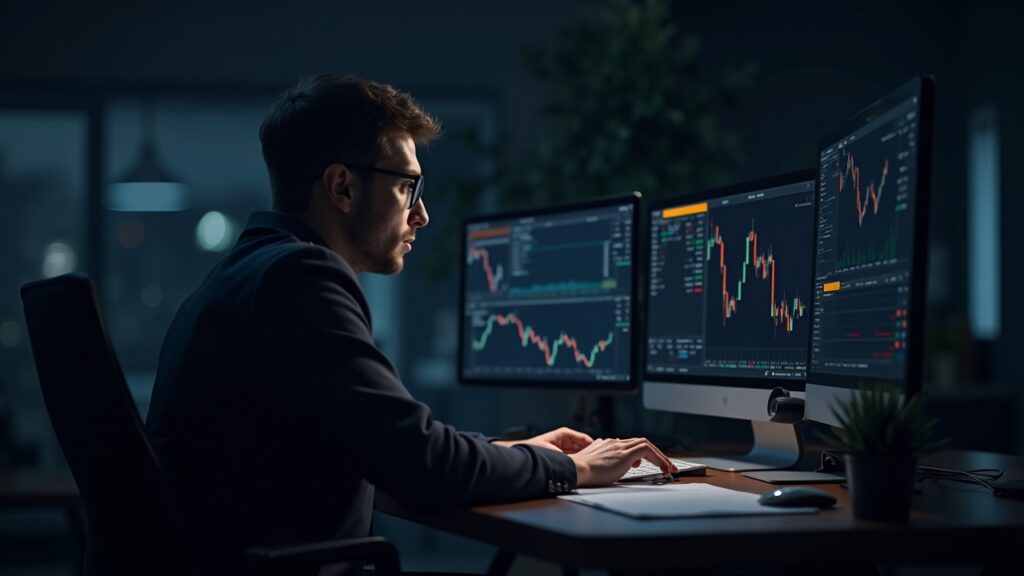 Robinhood se inclina hacia los traders avanzados: ¿De qué se trata? Operador de criptomonedas experimentado en un escritorio elegante con pantallas que muestran gráficos de volatilidad y libros de órdenes, con una sutil marca de Robinhood.