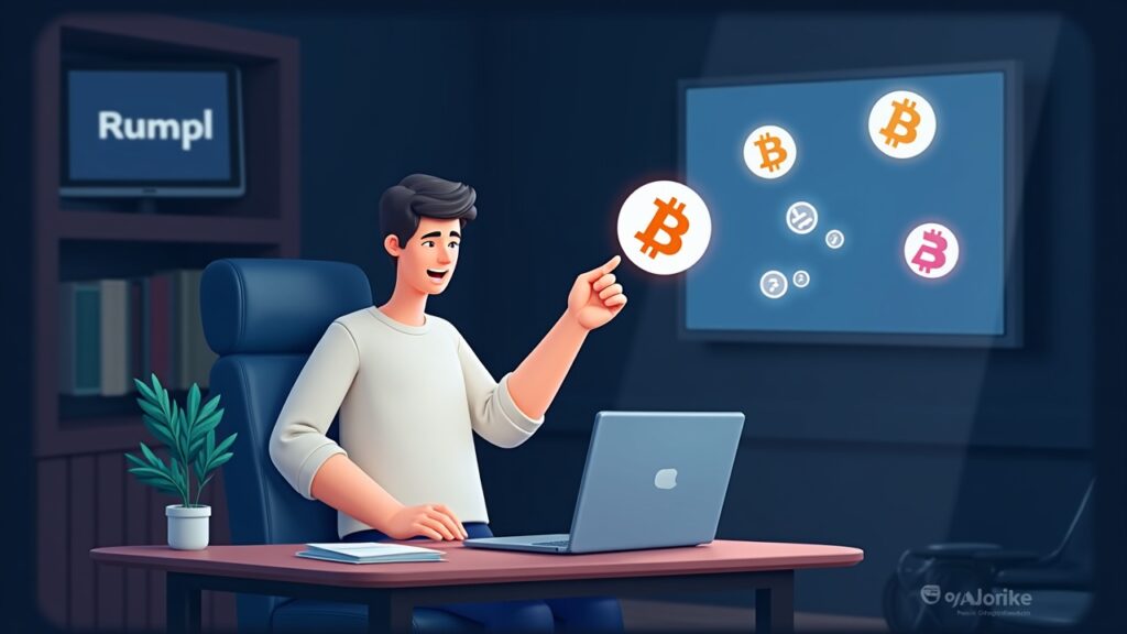 Sala de redacción fotorrealista: propinas de creadores mediante billetera no custodia con iconos de BTC, USDT, XAUt; logos de Rumble y Tether en el fondo