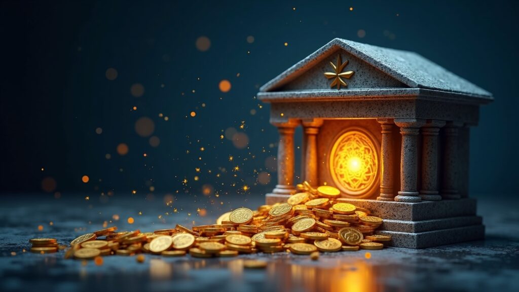 Fachada bancaria fotorrealista disolviéndose en monedas estables brillantes que fluyen hacia una bóveda digital, con un gráfico en ascenso.