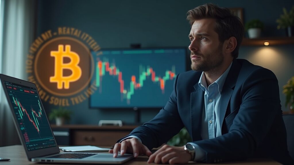 Ejecutivo en una oficina con temática de Bitcoin, con el logotipo de Bitcoin, un gráfico en caída y una superposición de libro mayor digital.