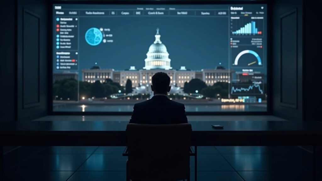 Escena fotorrealista de sala de noticias con una silueta del presidente de la SEC sobre un panel de control de negociación cripto brillante y una cúpula del Capitolio distante.