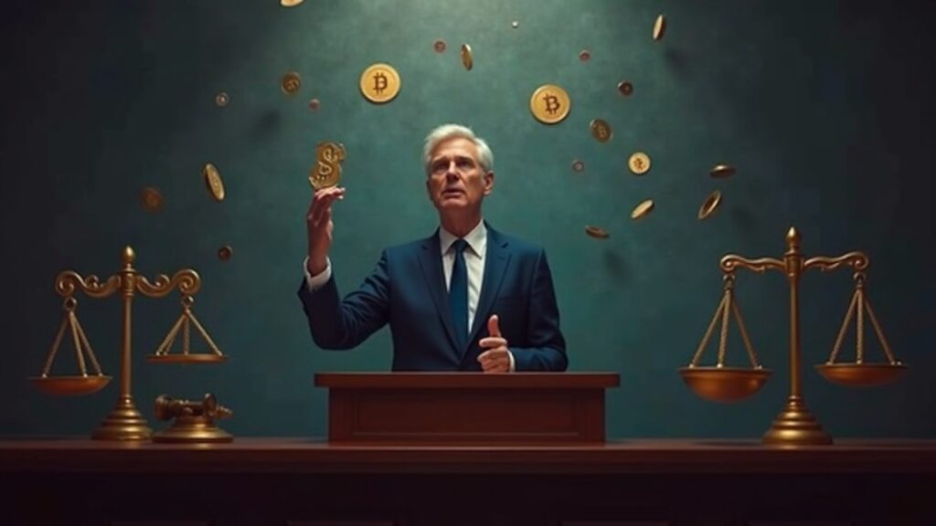 Republicanos del Senado fijan votación de la ley de estructura del mercado cripto para mediados de enero Escena fotorrealista de un senador en un podio debatiendo un proyecto de ley sobre la estructura del mercado cripto, con iconos de criptomonedas y balanzas en exhibición.