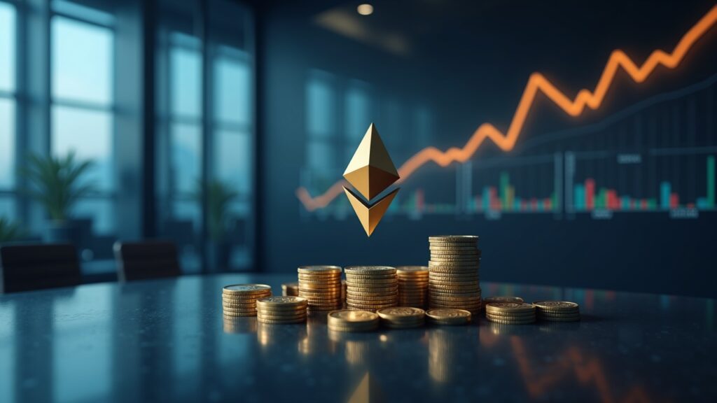 Pilas de ETH, sala de juntas acristalada y gráficos de rendimiento en ascenso que ilustran la tesorería disciplinada de Ethereum de SharpLink.