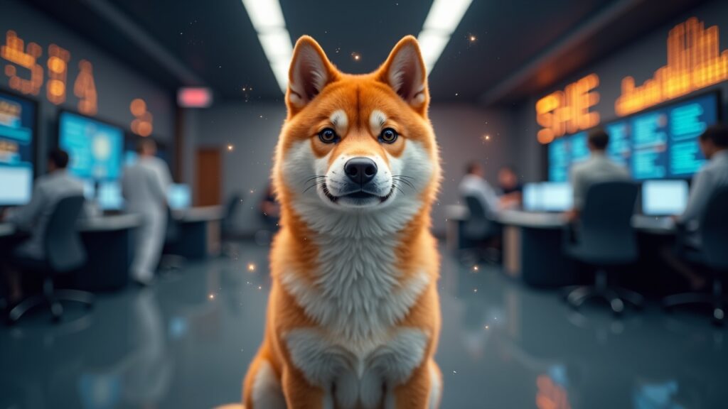 Shiba Inu fotorrealista centrado entre una malla de circuitos de IA con indicadores de quema de SHIB en tiempo real, iluminado por un resplandor de sala de redacción.