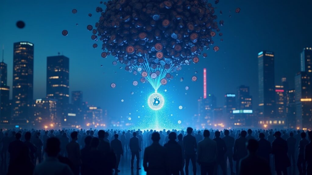 Escena fotorrealista de tokens SKR cayendo en un mercado abarrotado con un brillo en cadena y un horizonte color azul Solana.