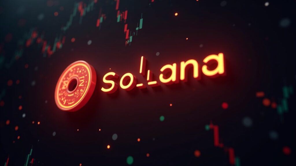 El memecoin $DONT de Solana DAT alcanza $26 millones Primer plano de un logo de Solana brillante con un token DONT, un signo de precaución y gráficos ascendentes que señalan el bombo y el riesgo del memecoin