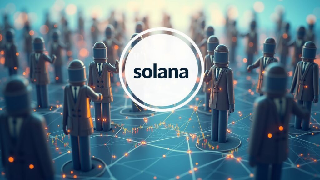 Solana suma 10 millones de nuevos titulares mientras el precio busca un rally Logotipo fotorealista de Solana en el centro, multitud diversa formando una red, gráfico de precios atenuado, barrera de resistencia en 123 con estilo de sala de redacción.