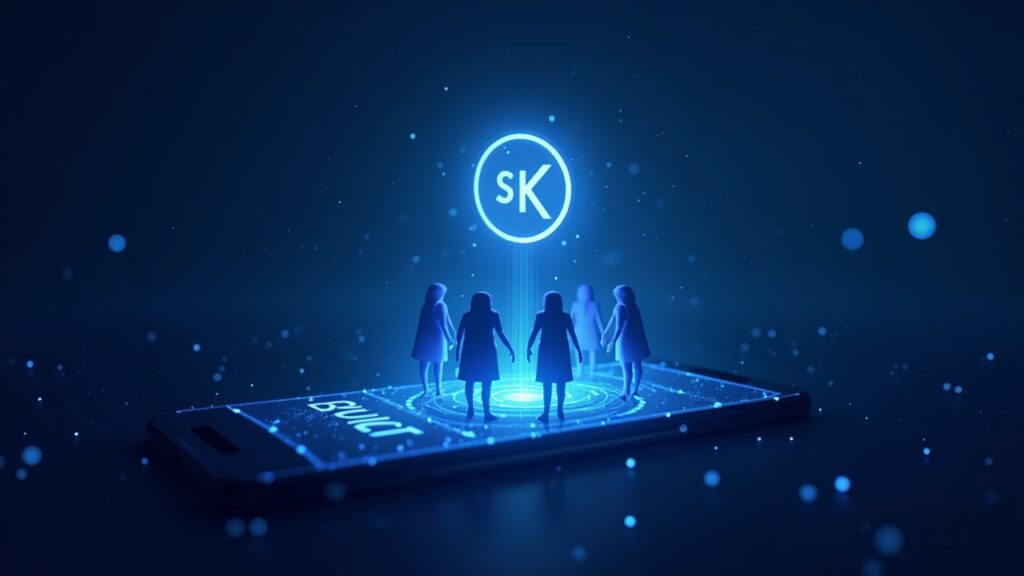 Solana Mobile lanzará token SKR para el teléfono inteligente Solana Seeker el 21 de enero Pantalla de teléfono Seeker con un halo SKR brillante y Guardianes custodiando un centro de blockchain bajo luces azul neón.
