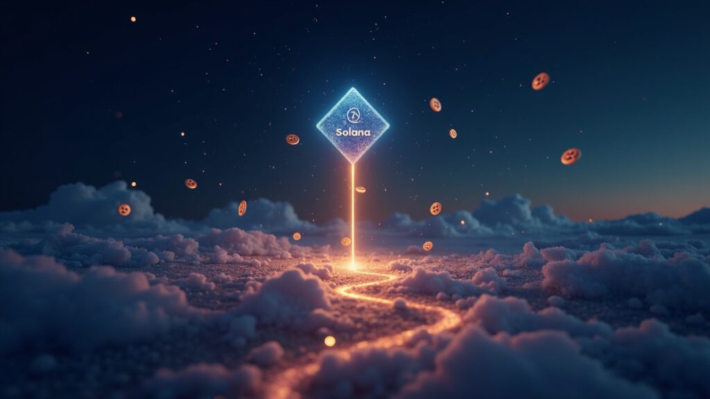 Escena fotorrealista de Solana que muestra el logo de Solana, tokens JupUSD y USDe en ascenso, y un gráfico de profundidad de liquidez.