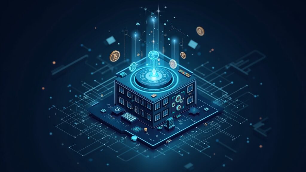 Bóveda central de fondos digitales con íconos de tokens flotando sobre una celosía de red al estilo Solana, indicando acuñación rápida y transferencias de bajo coste.