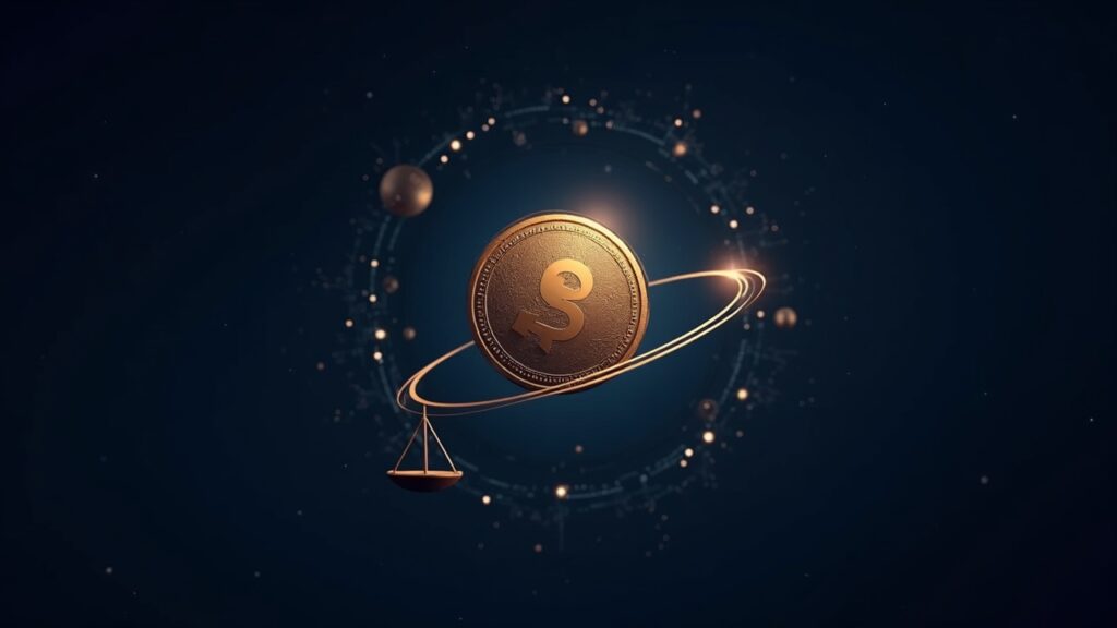Encabezado fotorrealista: centro del token SPACE de Spacecoin, stablecoin USD1 de WLFI orbitando, red satelital futurista, balanza.