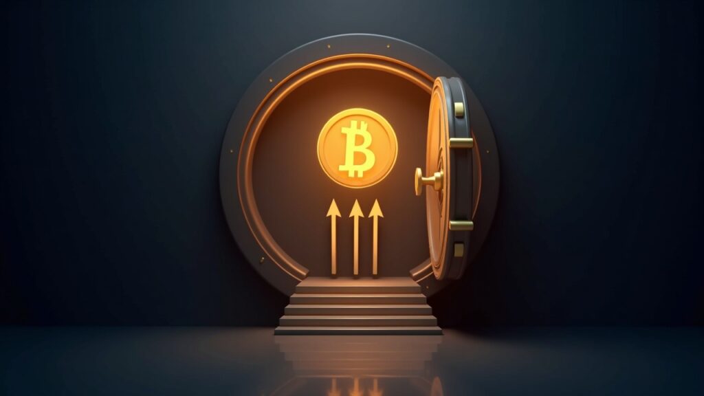 Puerta de bóveda fotorrealista con una stablecoin luminosa elevándose por encima; flechas muestran el rendimiento fluyendo desde los depósitos hacia el token.