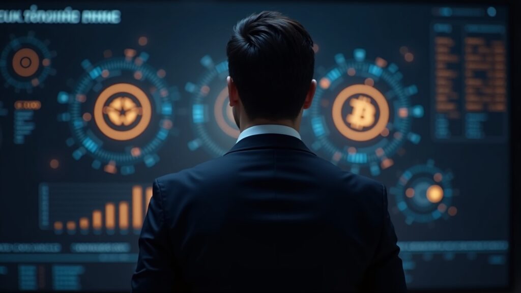 Ejecutivo con traje frente a un panel de control de correduría cripto con iconos de bóveda de custodia brillando.